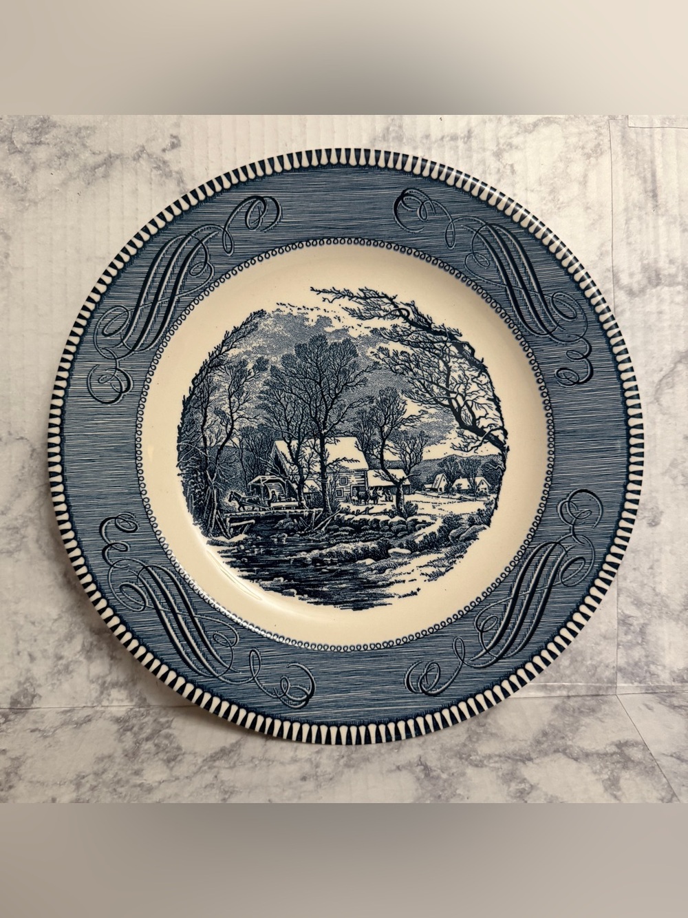 Currier & Ives The Old Grist Mill Blue and White Scenic Ceramic Dinner Plate 10”